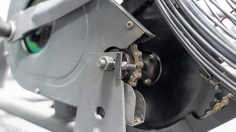 An up close look at the chain drive system of the Titan Fan Bike.