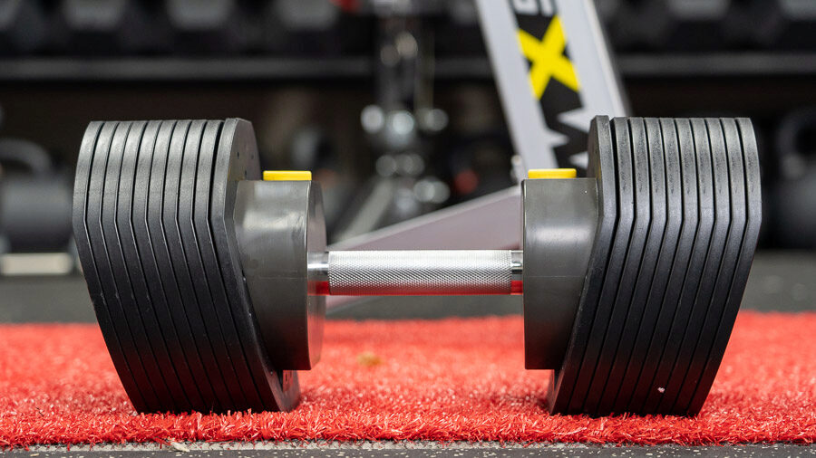 adjustable dumbbells sitting on the ground.