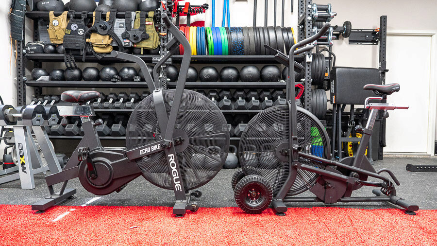 Side by side comparison photo of the Titan Fan Bike and the Rogue Echo bike.