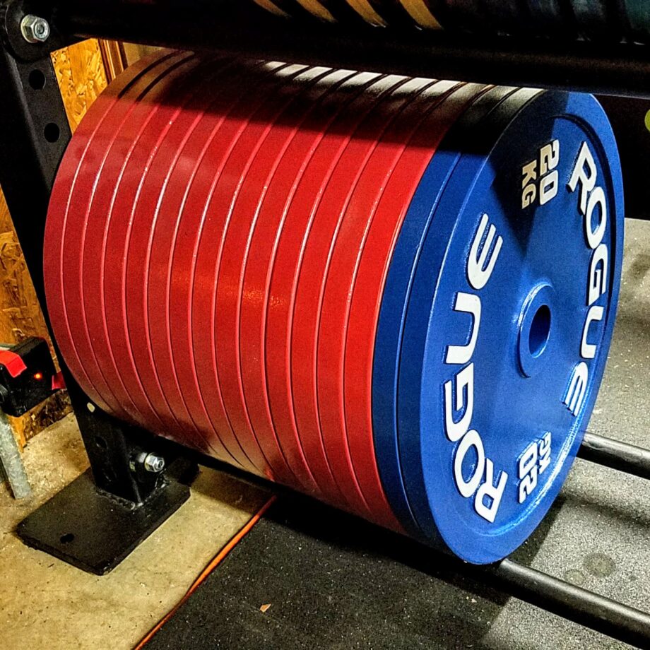 stack of rogue Calibrated Steel Powerlifting Plates