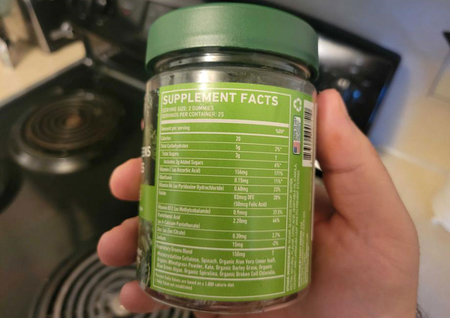 Supplement Facts label on a bottle of 8Greens Gummies.