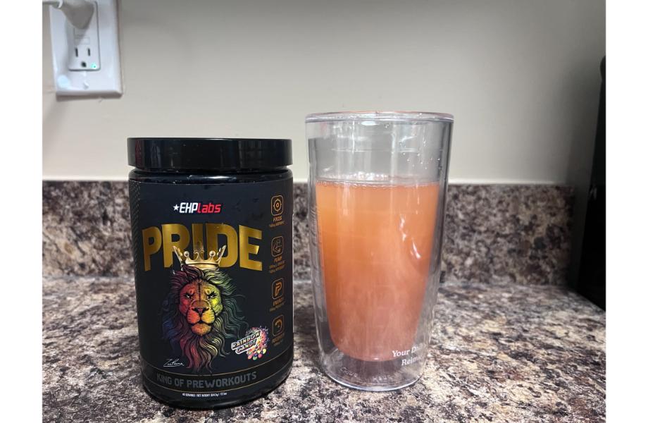 Pride Pre-Workout container and mixed in a glass