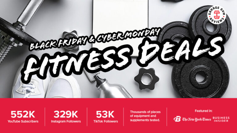 A black and white image with a red banner at the bottom showing gym equipment for Garage Gym Review's Black Friday sales page