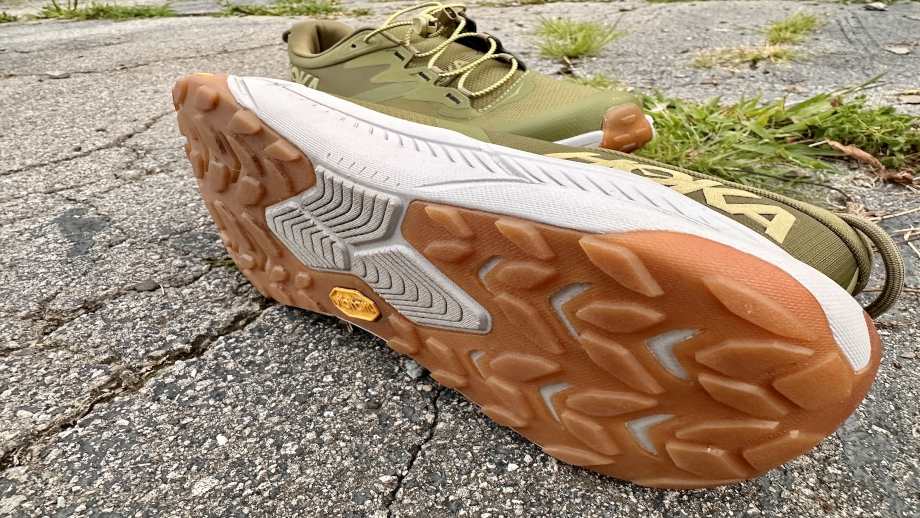 A close look at the tread on a pair of Hoka Transports