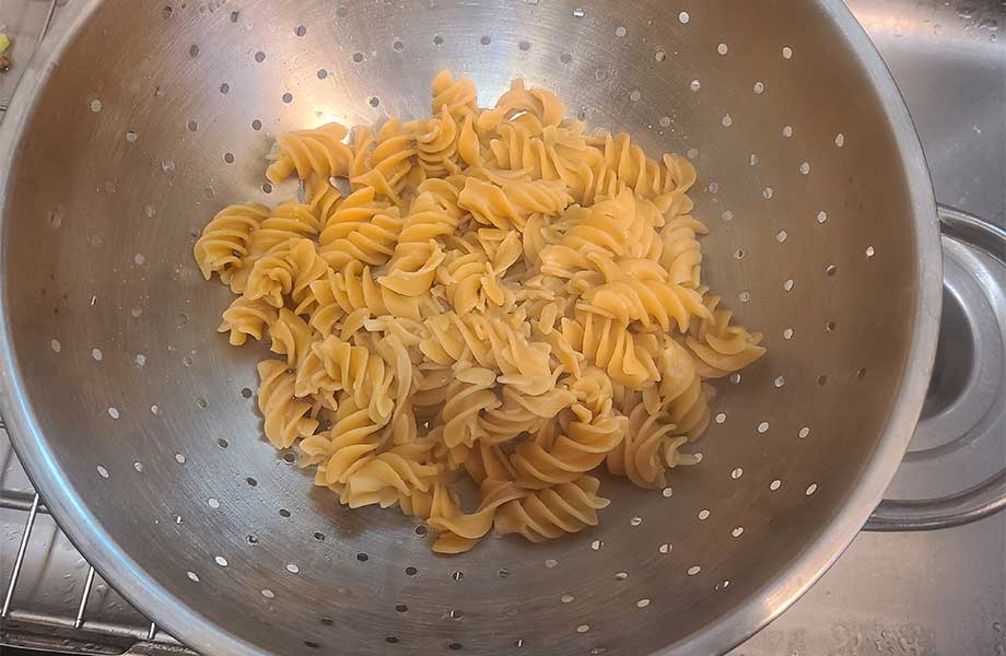 Ancient Harvest Protein Pasta in a strainer.