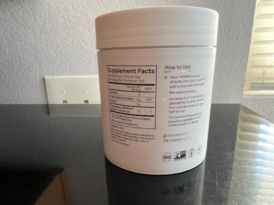 Supplement Facts label on a tub of ARMRA colostrum.