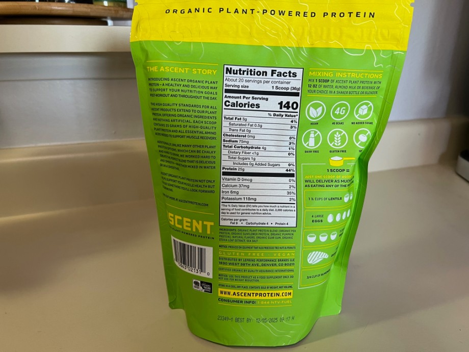 The Nutrition Facts label on a bag of Ascent Plant Protein.