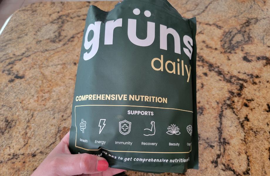 A look at the front of a bag of grüns daily gummies