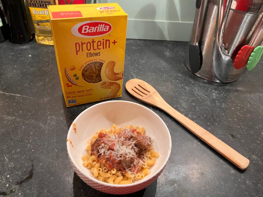 Barilla Protein+ Pasta with sauce and cheese.