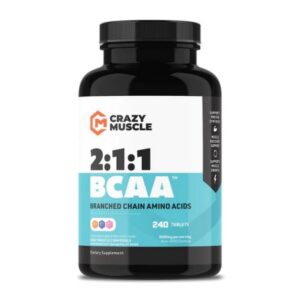 A bottle of Crazy Muscle BCAA Pills
