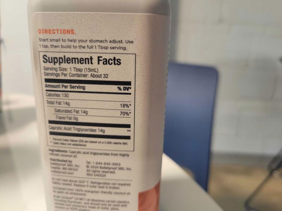 Supplement Facts label on a container of Bulletproof MCT Oil