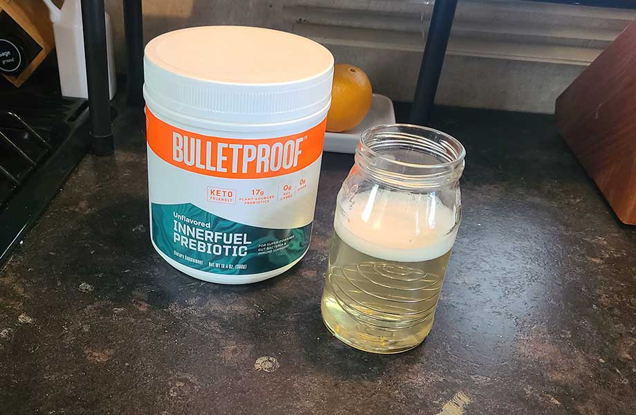 A glass of freshly-mixed Bulletproof InnerFuel Prebiotic.