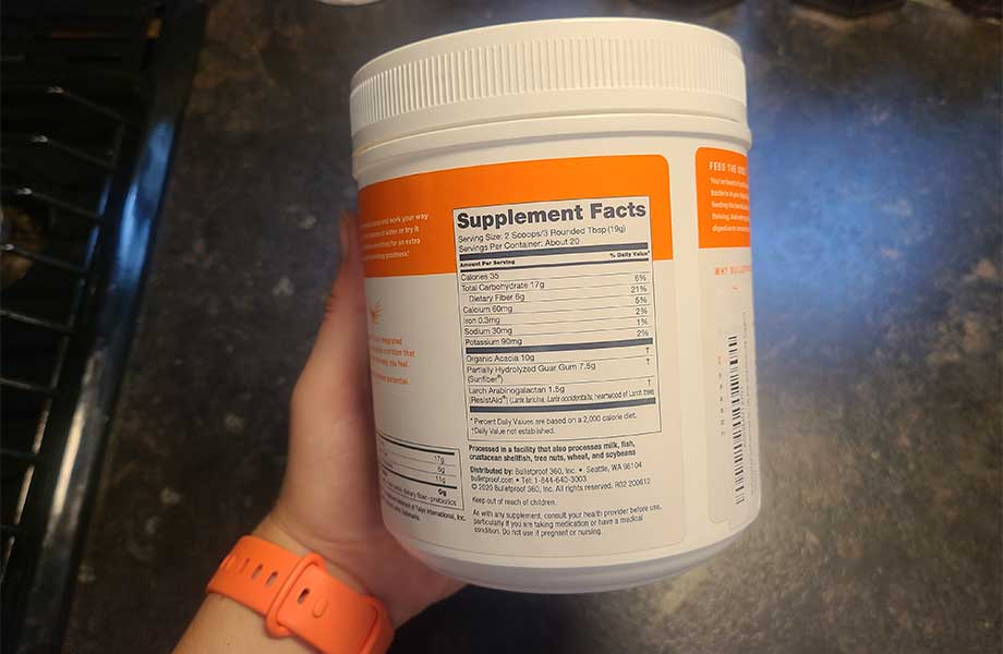 Supplement Facts label on a container of Bulletproof InnerFuel Prebiotic.