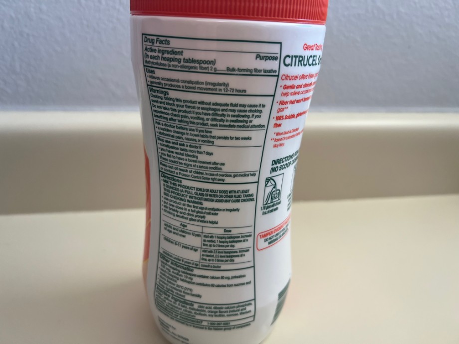 Back label on a container of Citrucel powder.