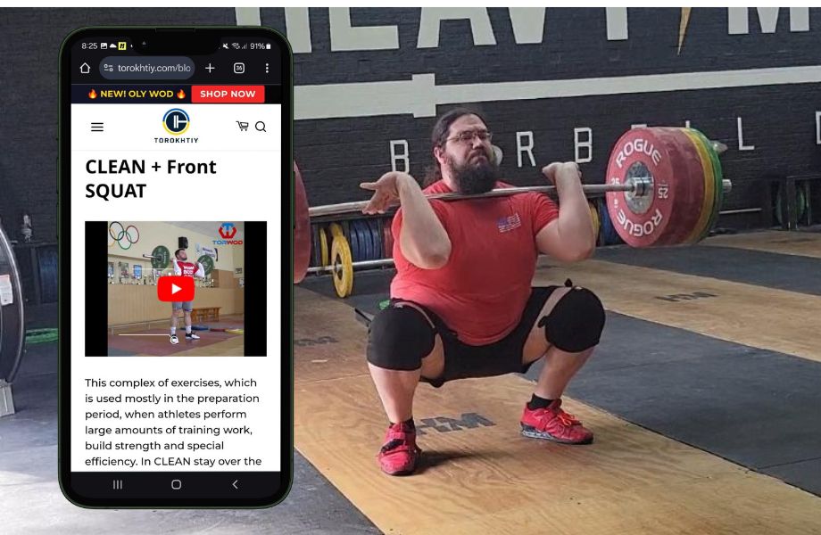 Man performing a clean and front squat with an image of the TOrokhtiy Weightlifting Program's video description of the movement