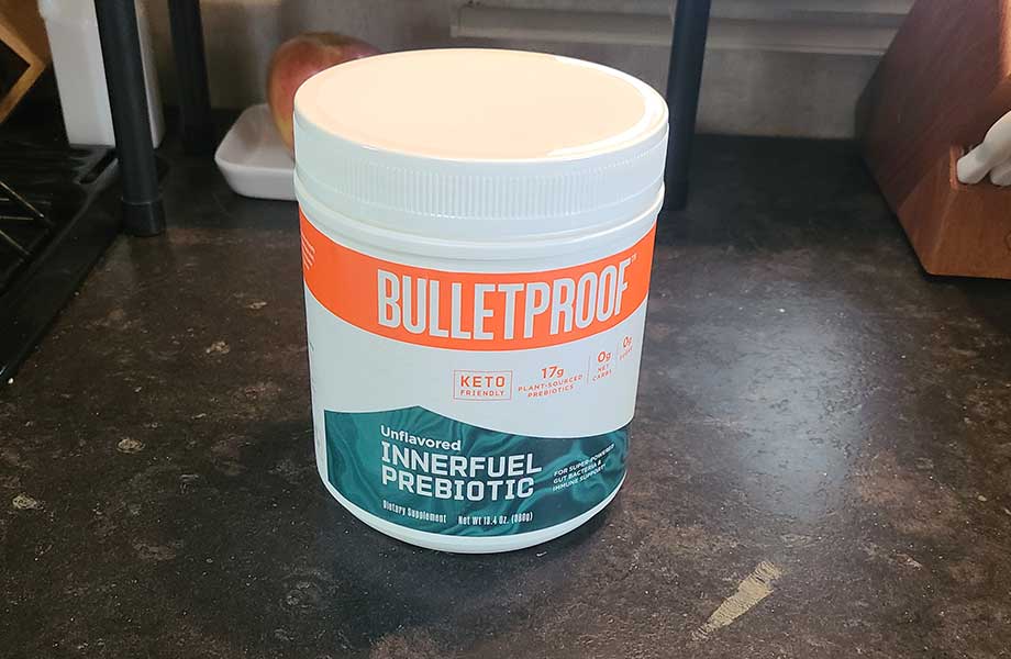 A container of Bulletproof InnerFuel Prebiotic is all alone on a lonely countertop.