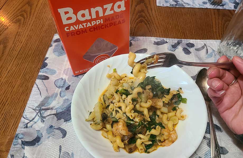 Eating meal made with Banza pasta.