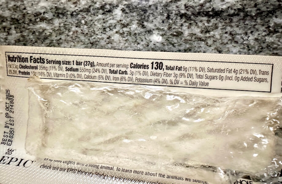 The nutrition facts on an opened wrapper of a Beef Sea Salt + Pepper Epic Protein Bar