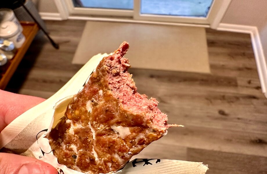 A sample bite of a Venison Sea Salt + Pepper Epic Protein Bar