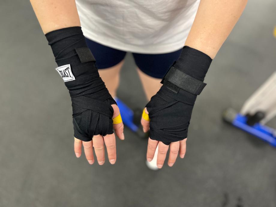 Looking at a hands wearing Everlast Core Hand Wraps.