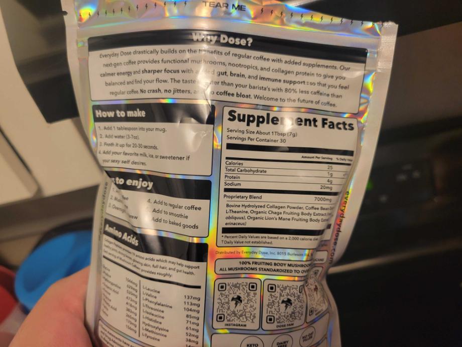 Supplement Facts on a bag of Everyday Dose.