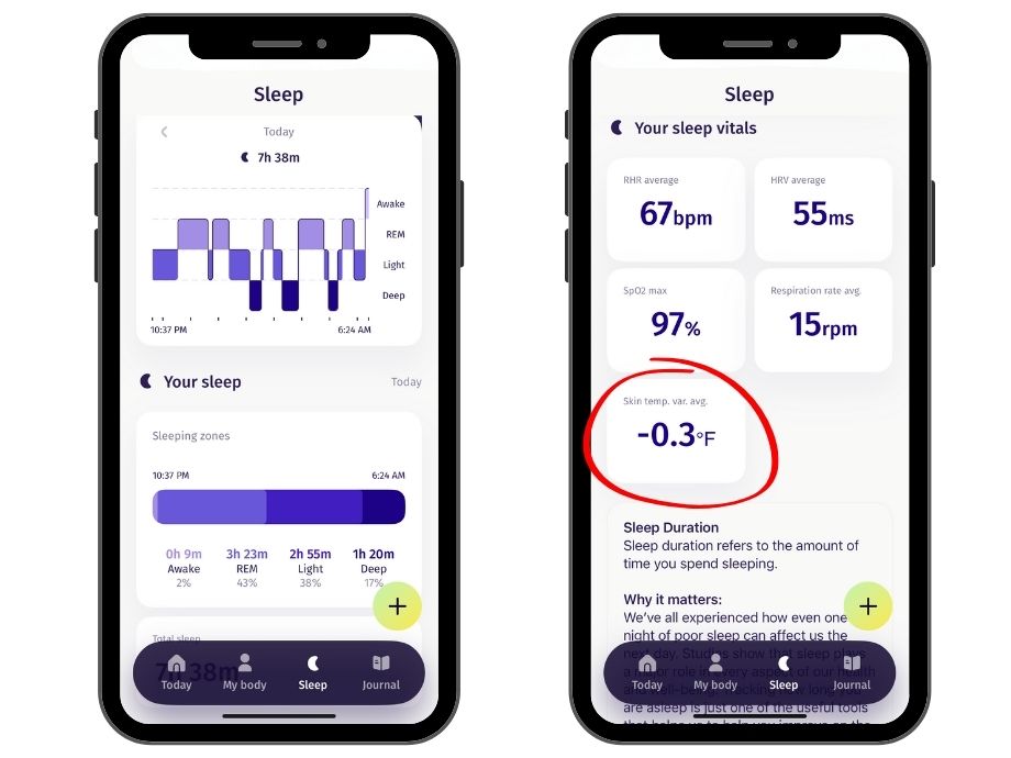 Screenshots of sleep-tracking metrics in the Evie App
