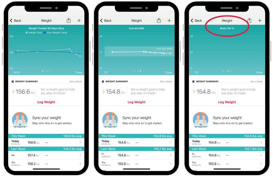 Fitbit Aria Air smart scale screenshots in FItbit app