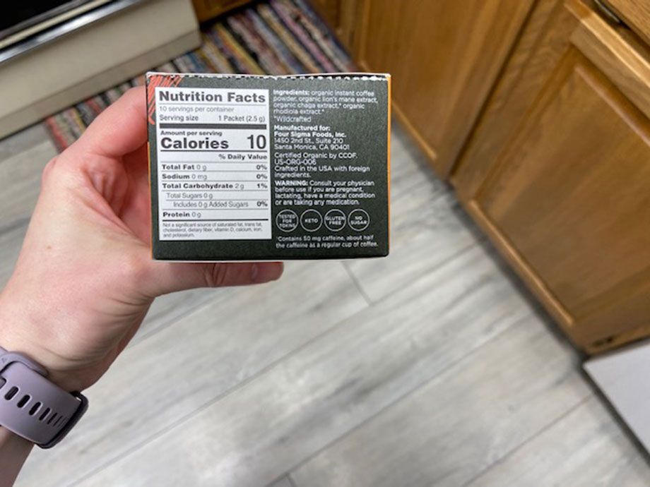 Nutrition Facts label on a box of Four Sigmatic Organic Mushroom Coffee