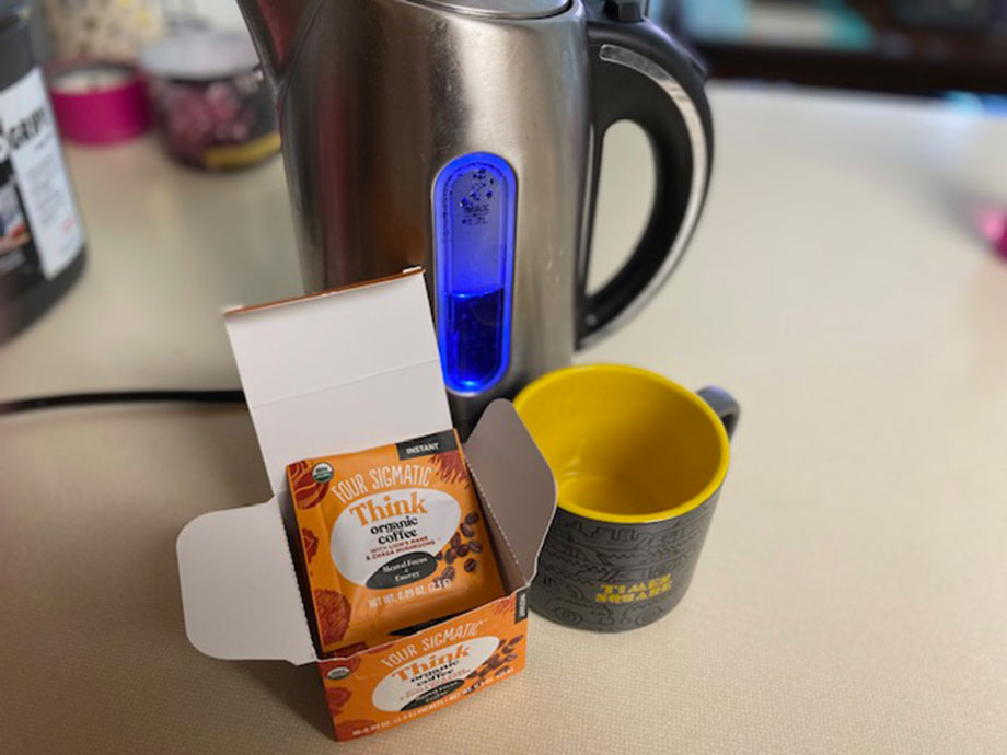 An opened box of Four Sigmatic Think Mushroom Coffee