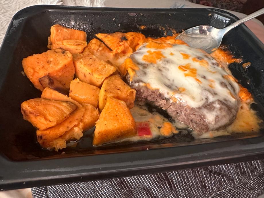 An image of Fuel Meals Bison Burger and sweet potatoes