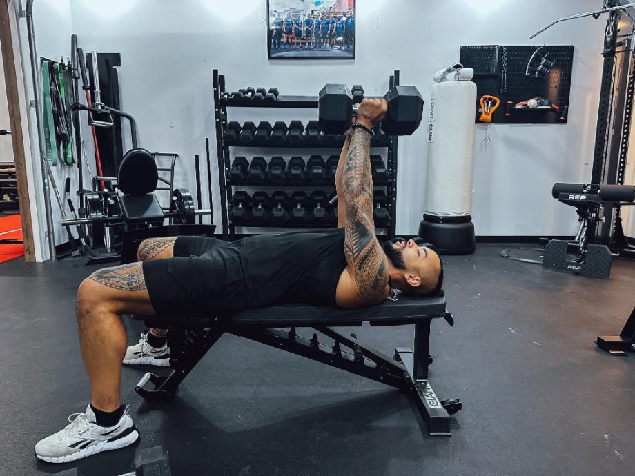 Stephen Sheehan, CPT, CNC, doing chest presses on a Giant Lifting Adjustable Weight Bench