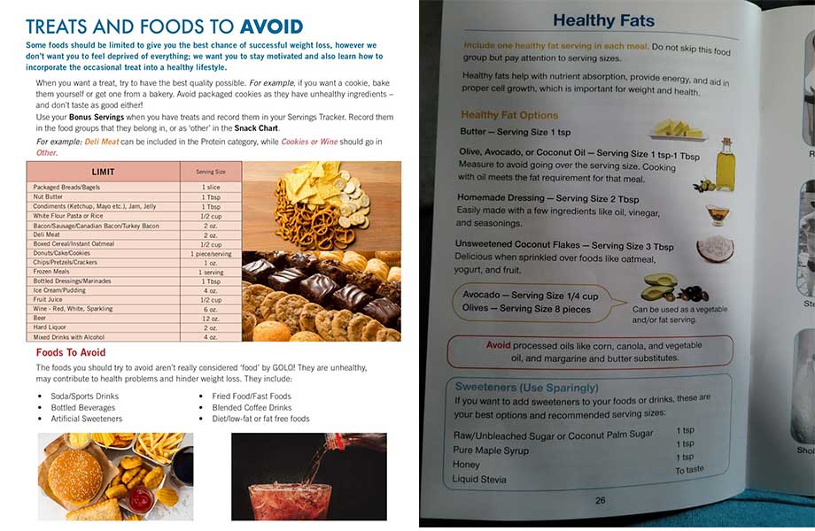 Pictures of book guidelines on GOLO restrictions and healthy fats.