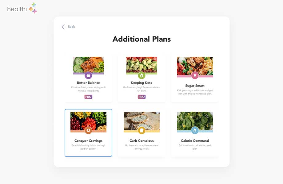 Meal plan options in the Healthi app