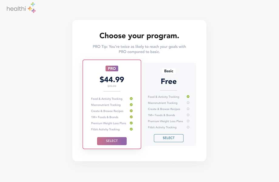 Pricing for the Healthi app.