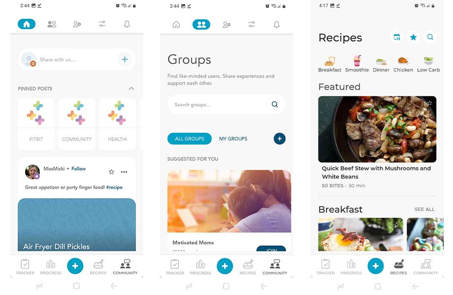 Community and recipe screenshots from the Healthi app