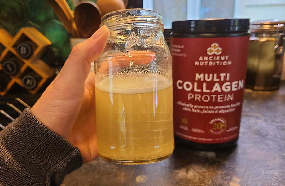 A close look at a freshly mixed glass of Ancient Nutrition Multi Collagen Protein.