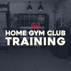 Home Gym Club Training text with a garage gym in the background