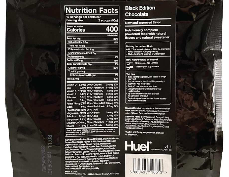 Nutrition Facts label on a bag of Huel Black Edition.