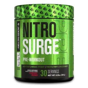 A container of Jacked Factory Nitrosurge pre-workout