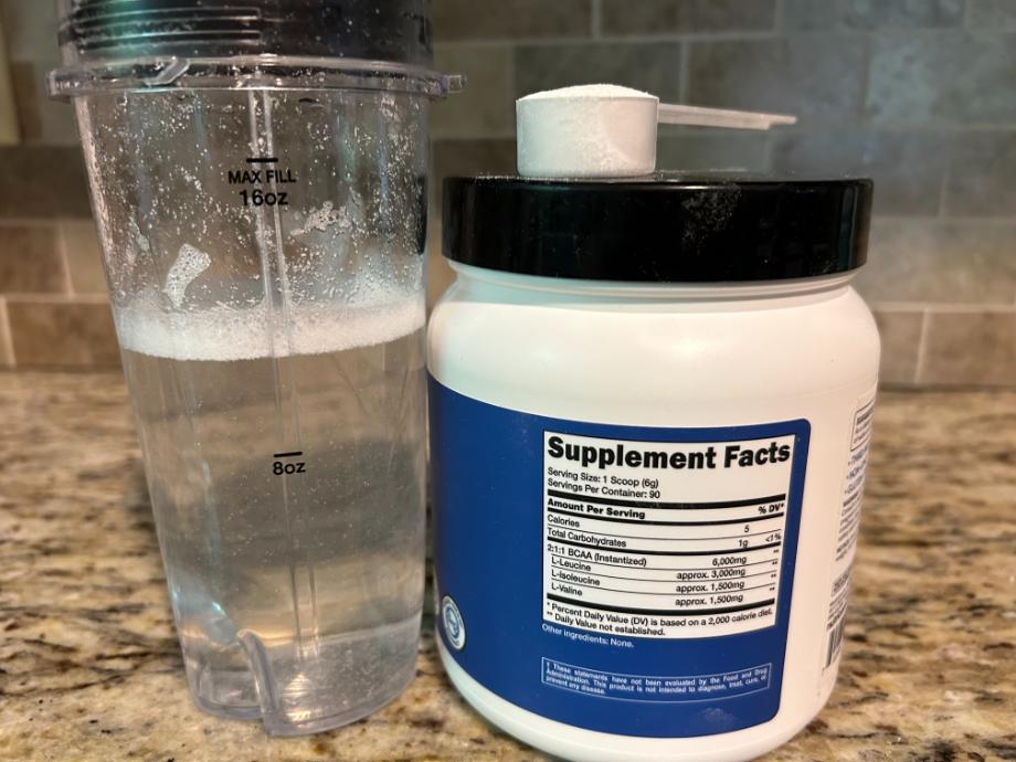 Supplement Facts label on a canister of Nutricost BCAA Powder.