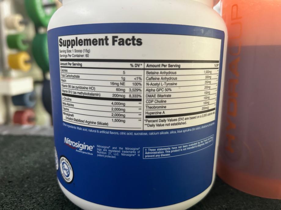 Supplement Facts label on a container of Nutricost Pre-X Pre-Workout.