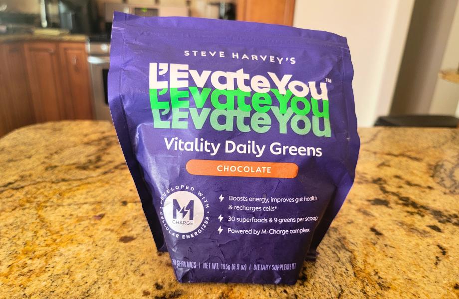 A bag of L’Evate You Greens Powder in chocolate flavor.