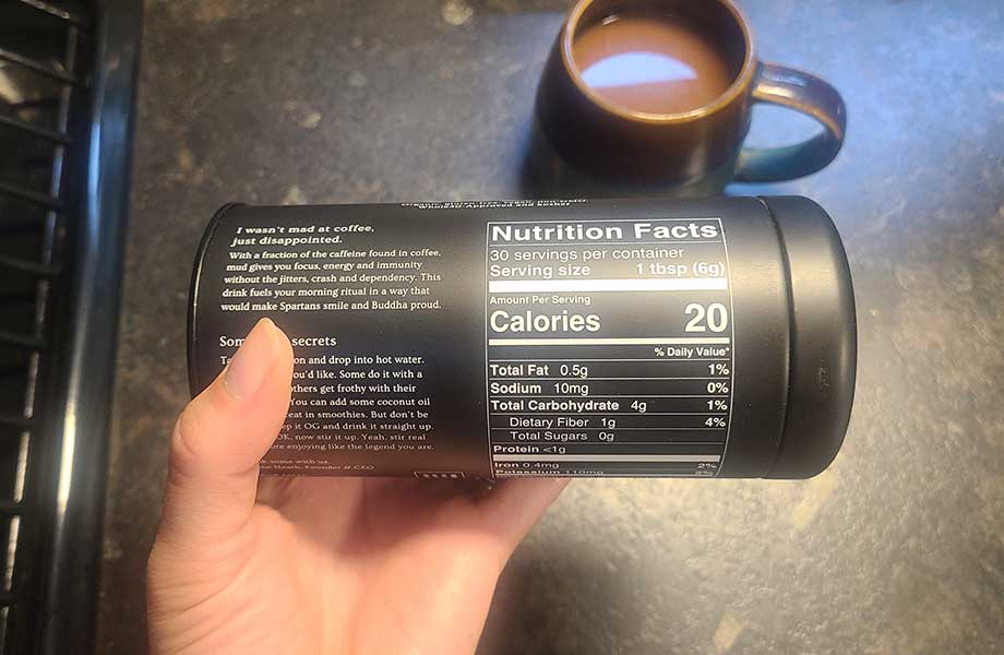 Nutrition Facts label on a canister of MUD\WTR.