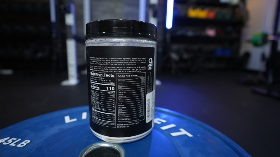 Nutrition Facts label on a container of Naked Casein powder.