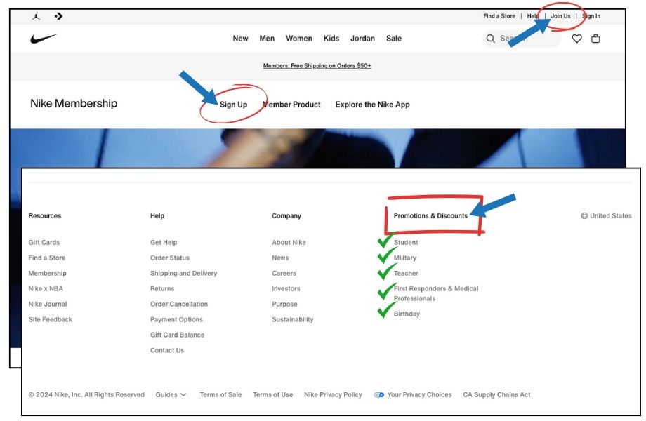 Nike Promo code screenshots of website navigation 