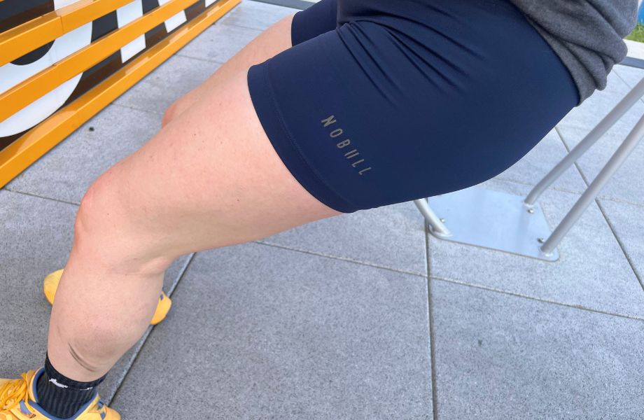 Close up to the NOBULL High-Rise Sleek Short being worn during a workout