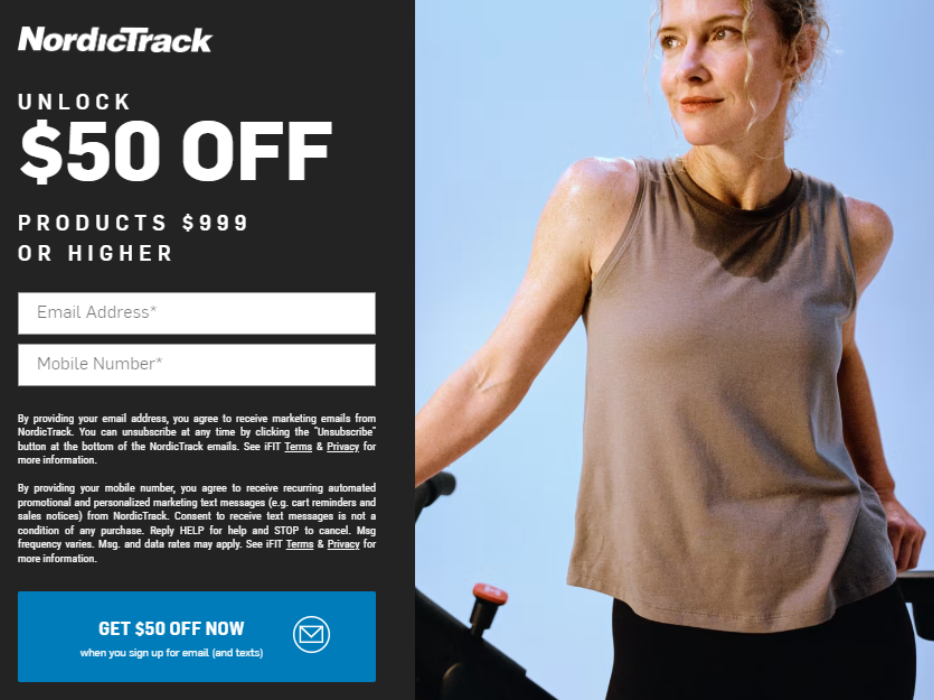 Image of the email sign-up box offering discounts for new users on NordicTrack's website