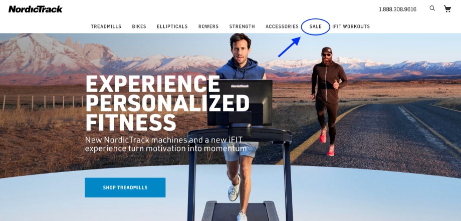 Image of NordicTrack home page with sale button circled