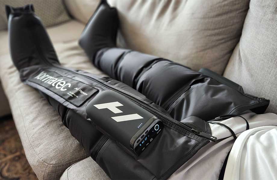 A good look at the Hyperice logo on a pair of Normatec Elite Recovery Legs.