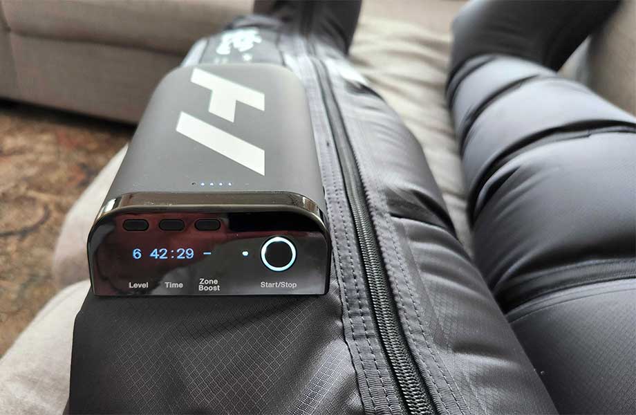 Display on a pair of Normatec Elite Recovery Legs.